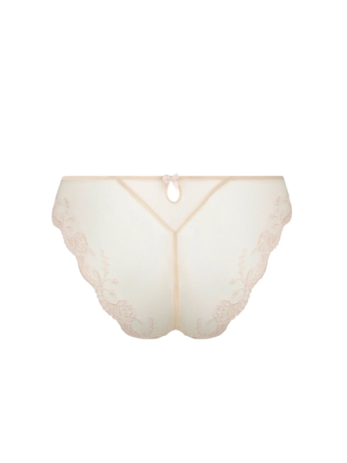 White bikini bottom with scalloped edge on a white background
