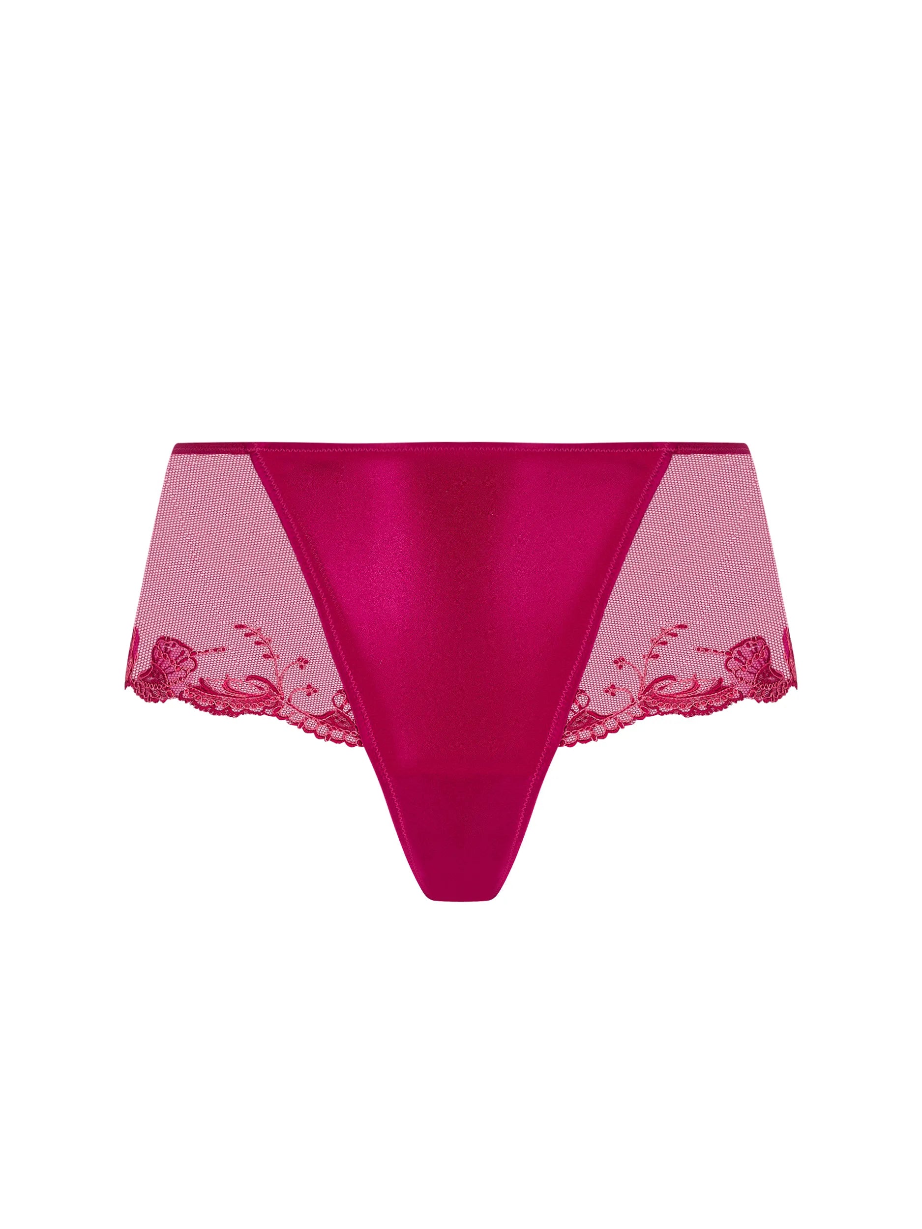 Pink lace thong on a white background