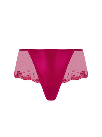 Pink lace thong on a white background