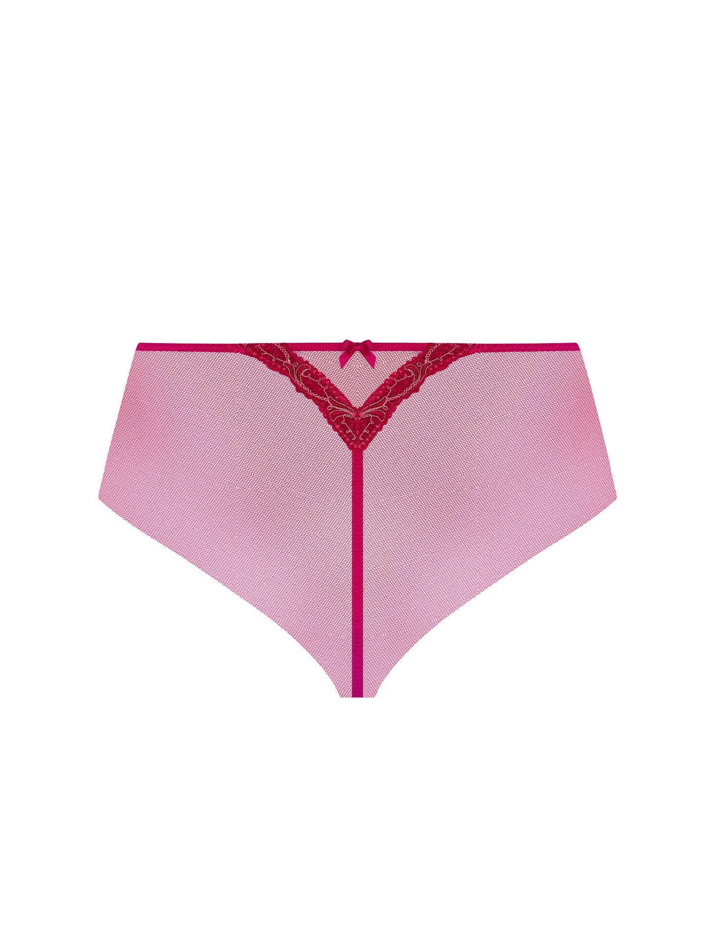 Pink lace-trimmed underwear on a white background