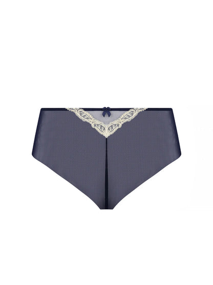 Navy blue satin underwear with lace trim on a white background