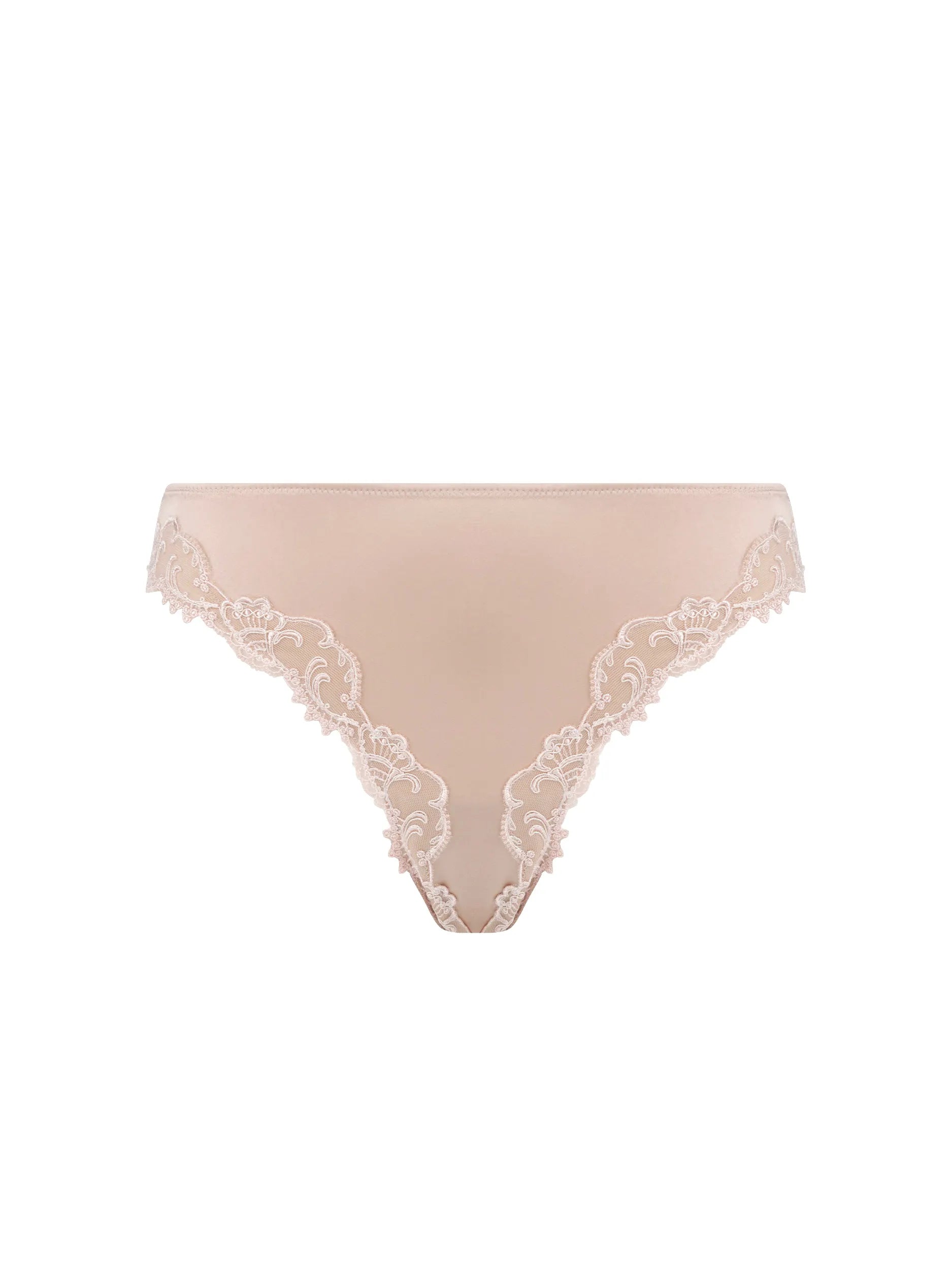 Beige lace thong on a white background
