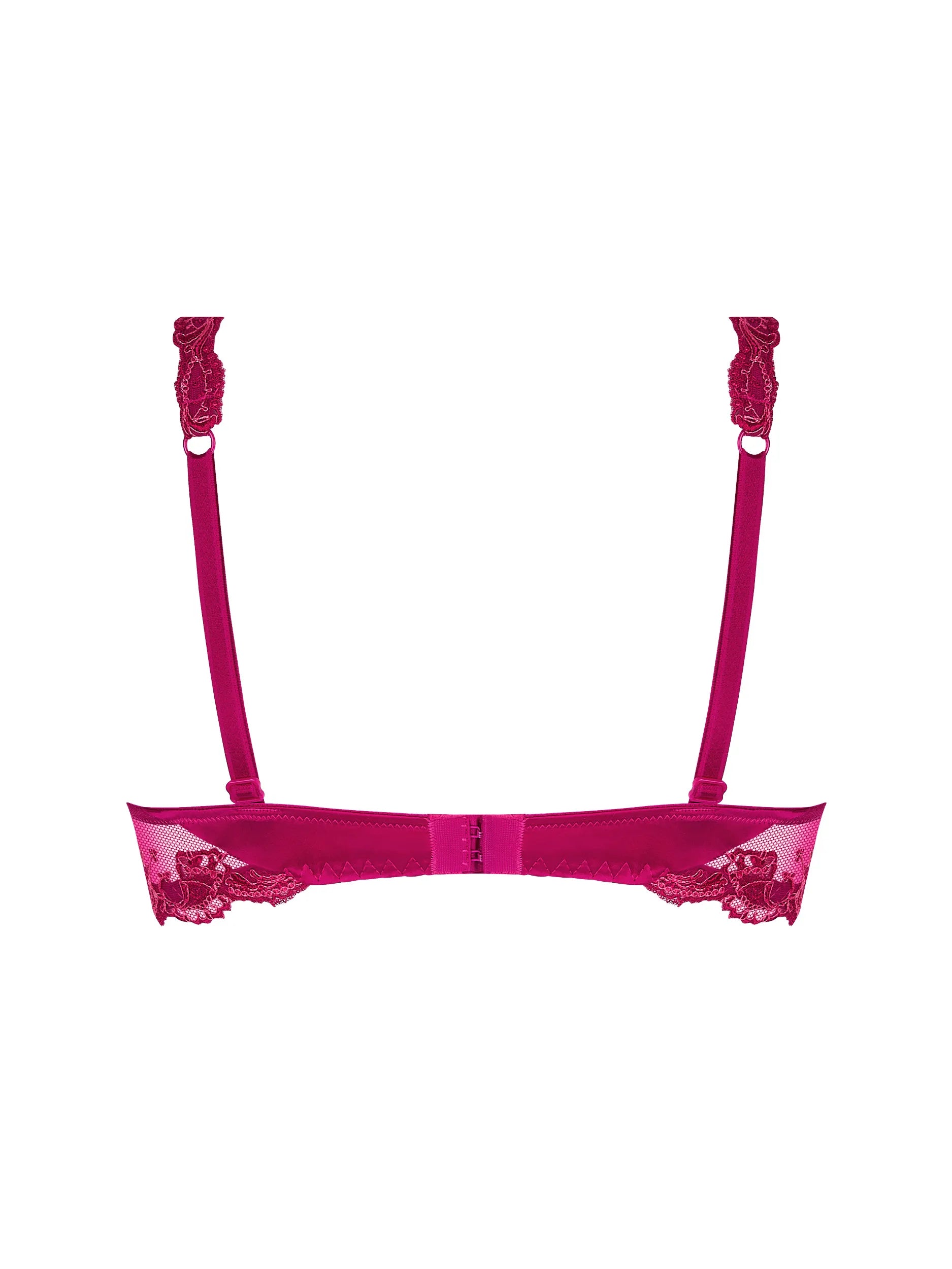Pink lace bra with straps on a white background