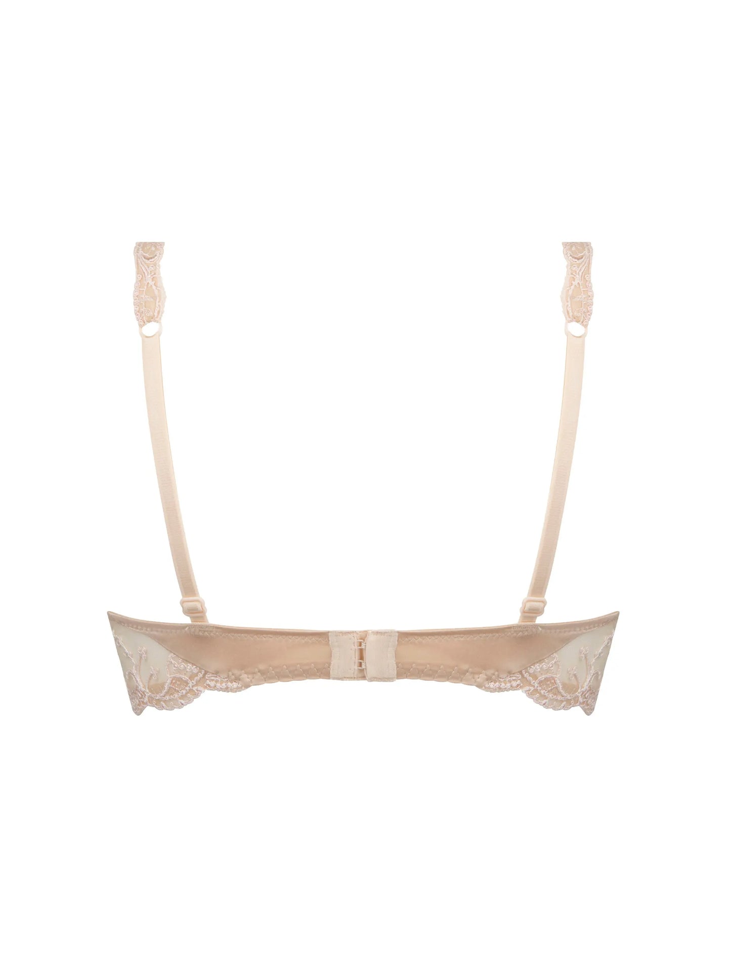 Beige lace bralette with thin straps on a white background