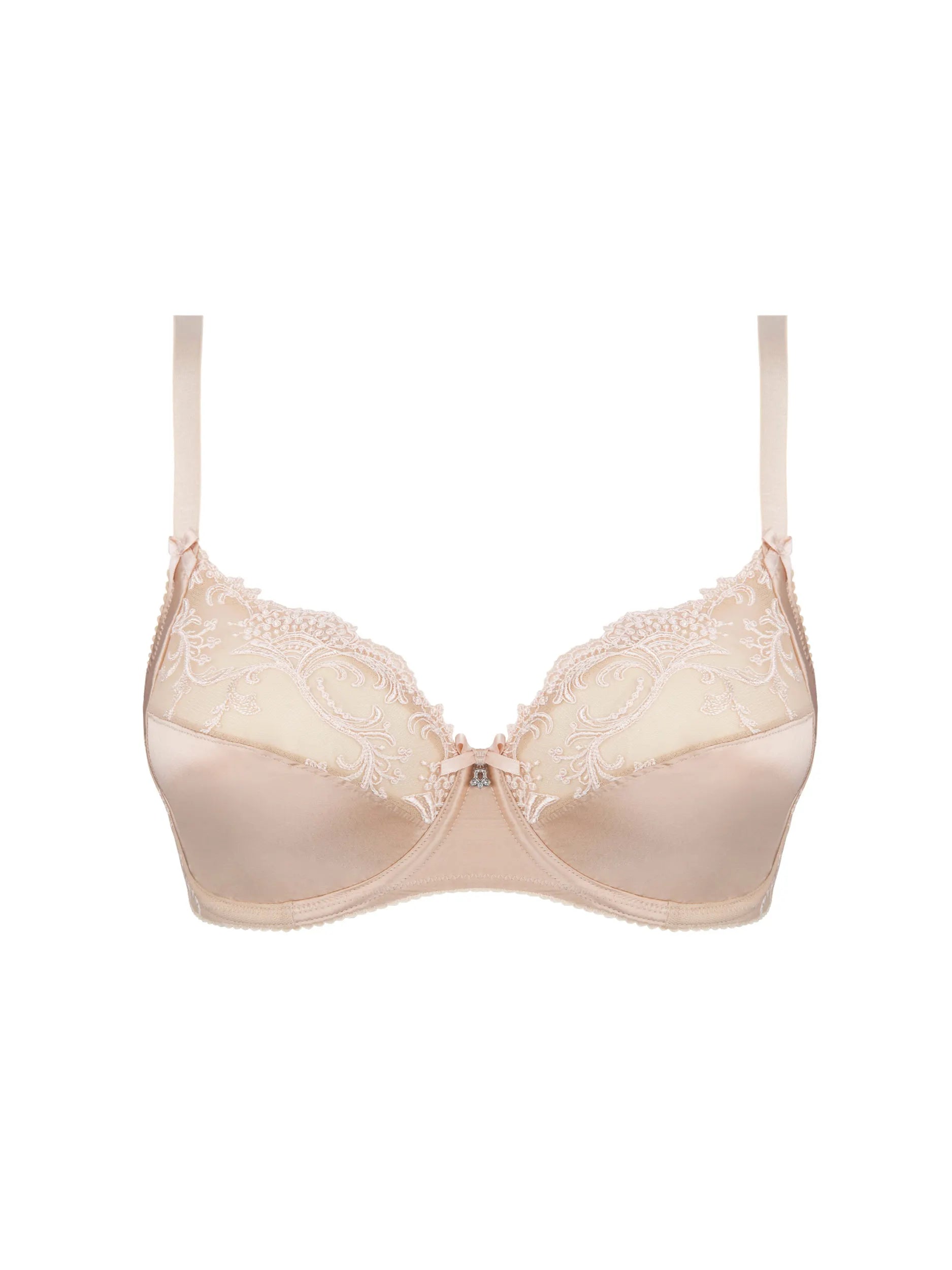 Beige bra with lace details on a white background