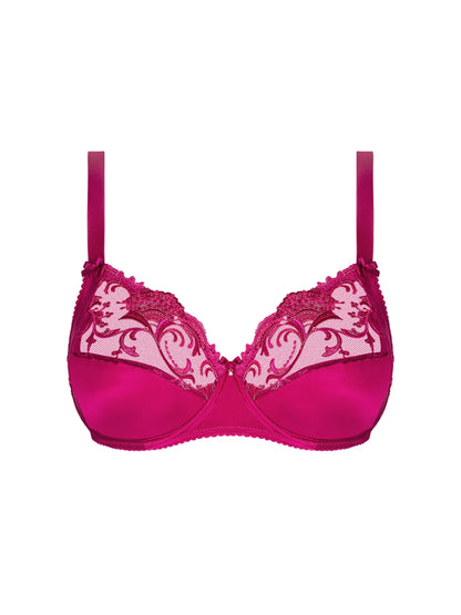 Pink bra with lace details on a white background