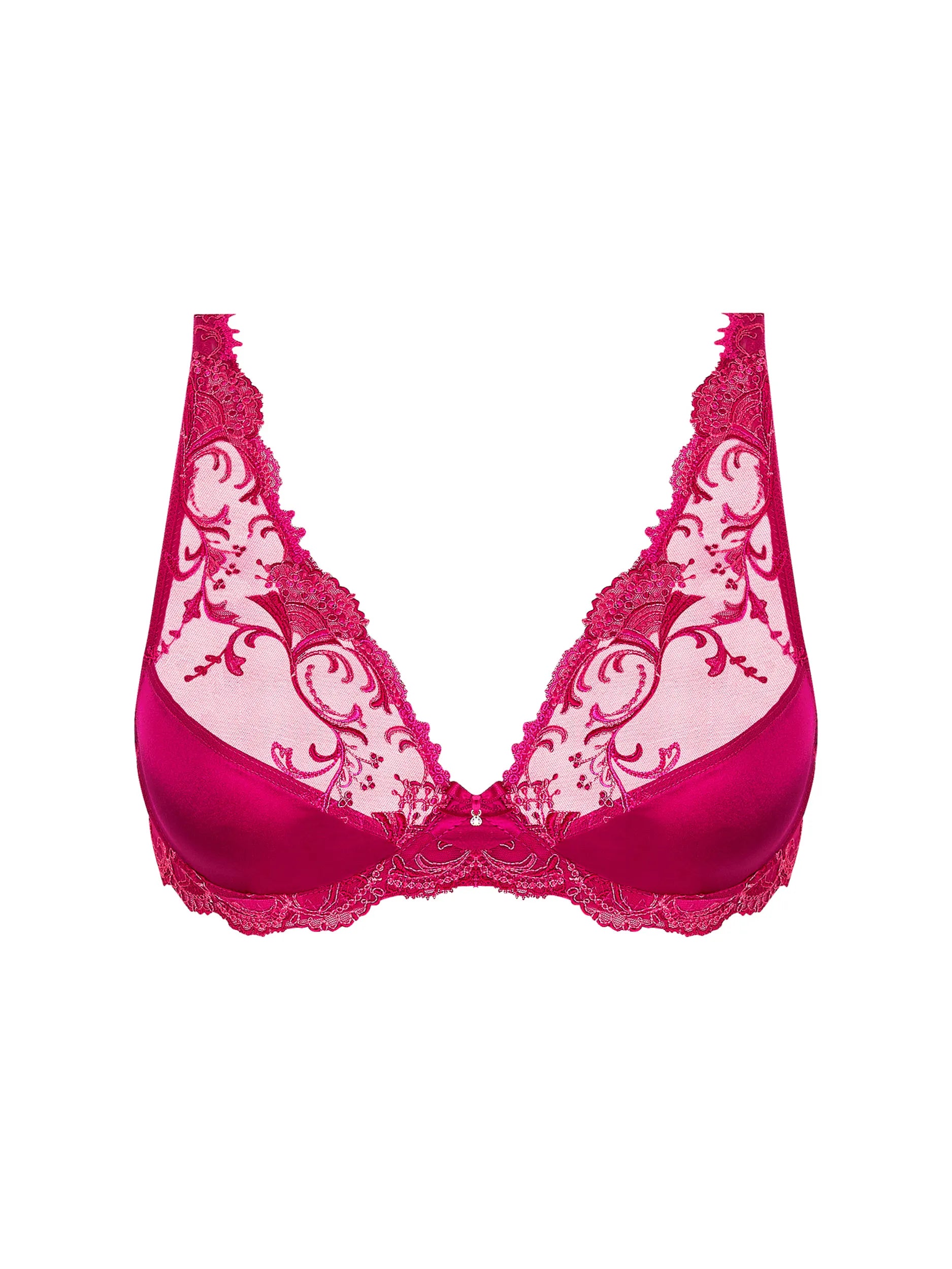 Pink bra with lace detailing on a white background