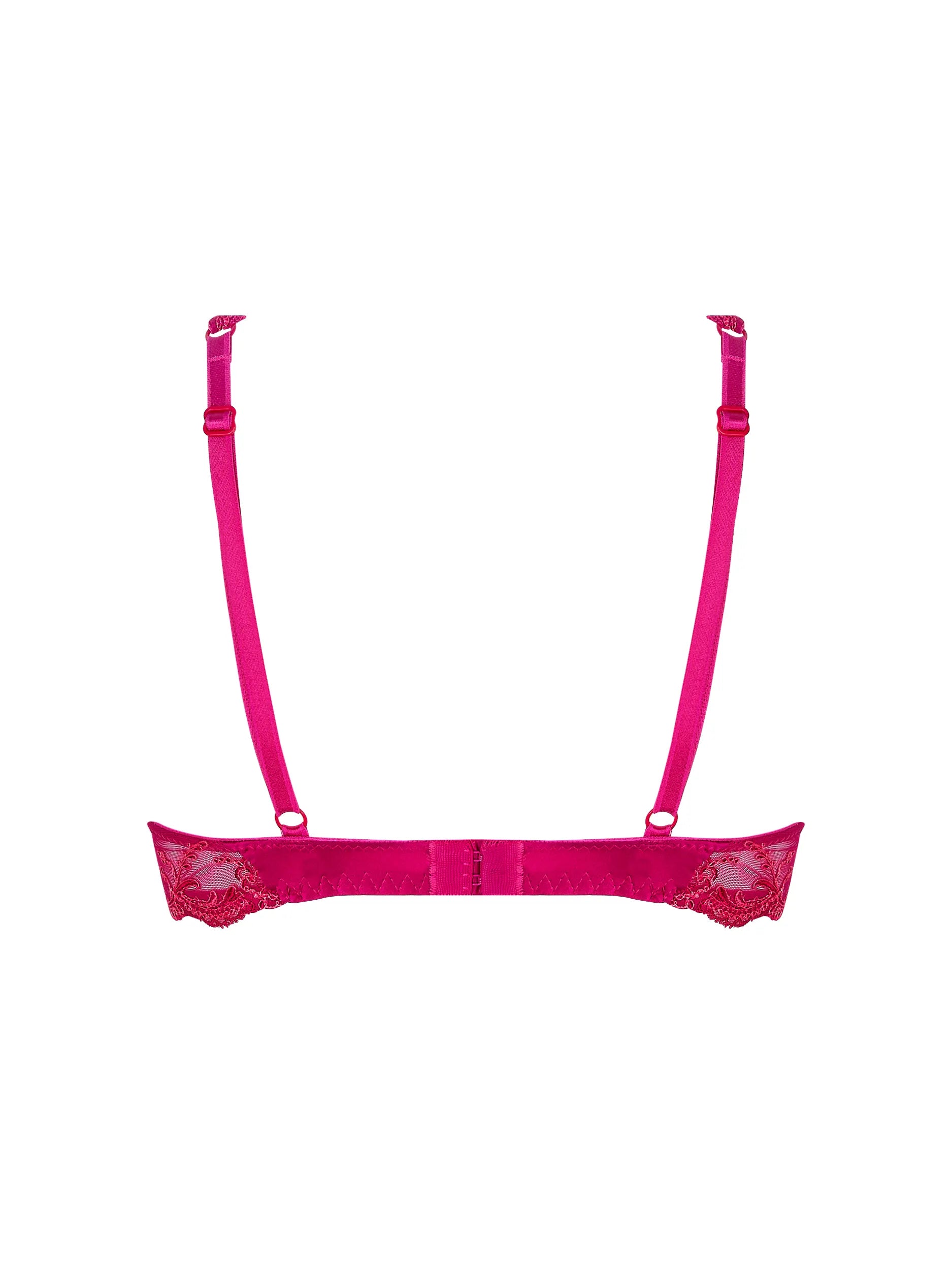 Pink lace bra on a white background