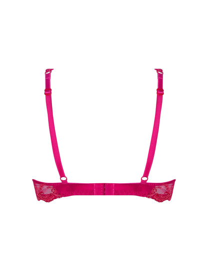Pink lace bra on a white background