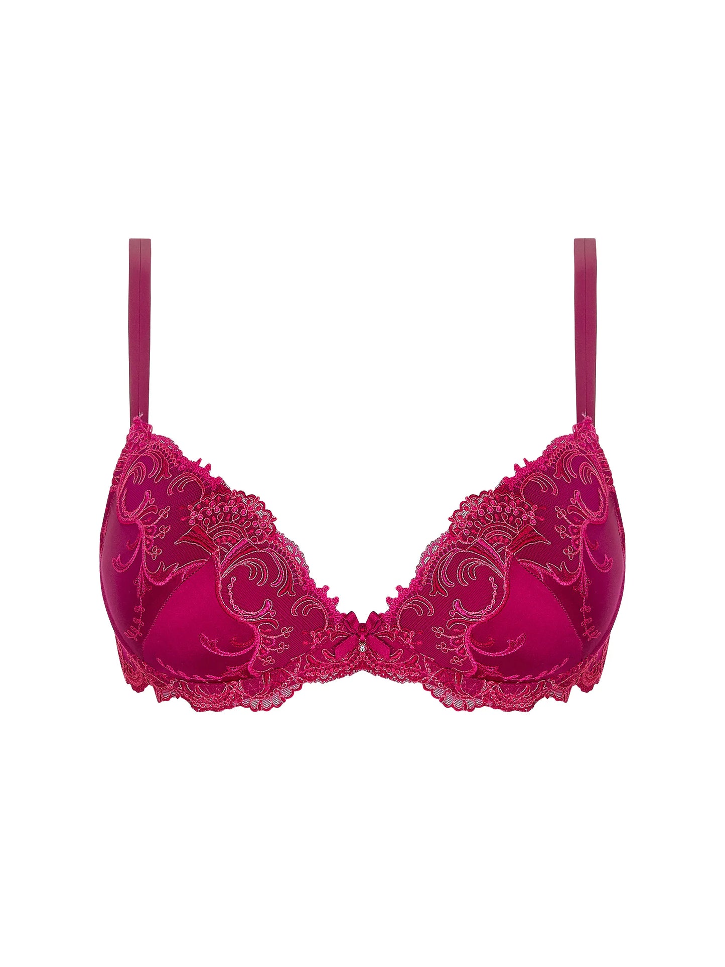 Pink bra with lace detailing on a white background