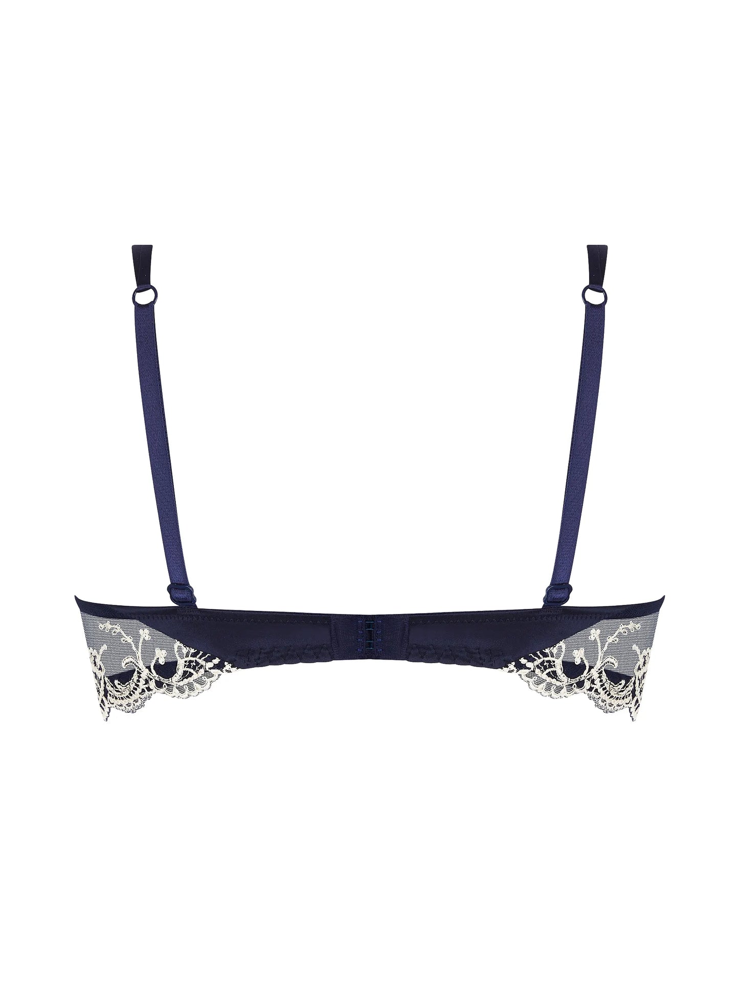 Navy blue bra with lace trim on a white background