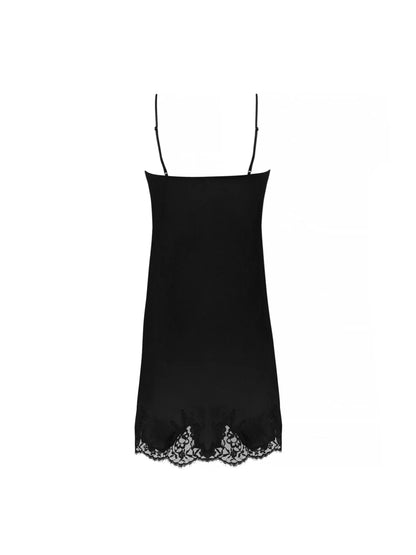 Black slip dress with lace trim on a white background