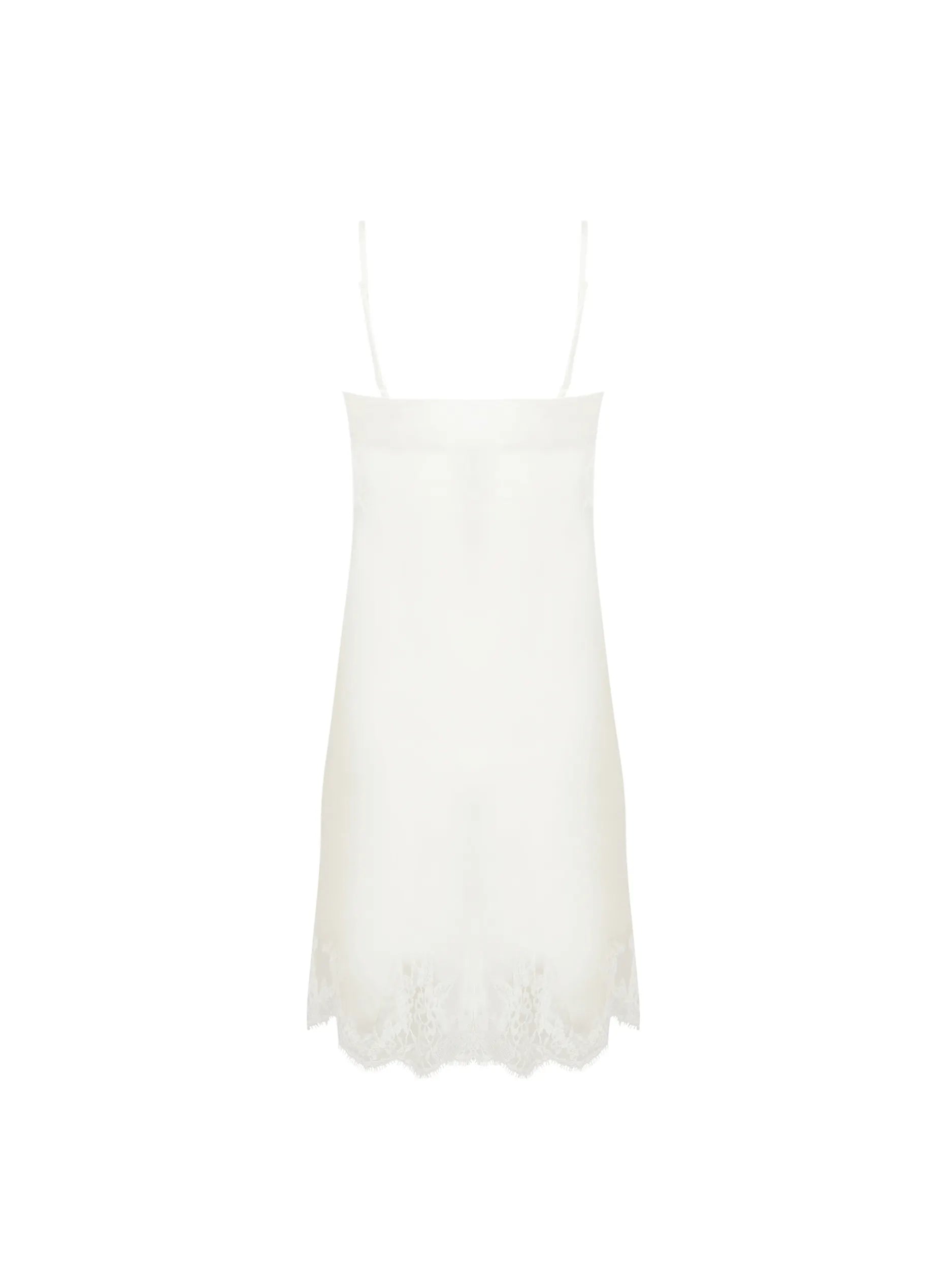 White lace-trimmed slip dress on a white background