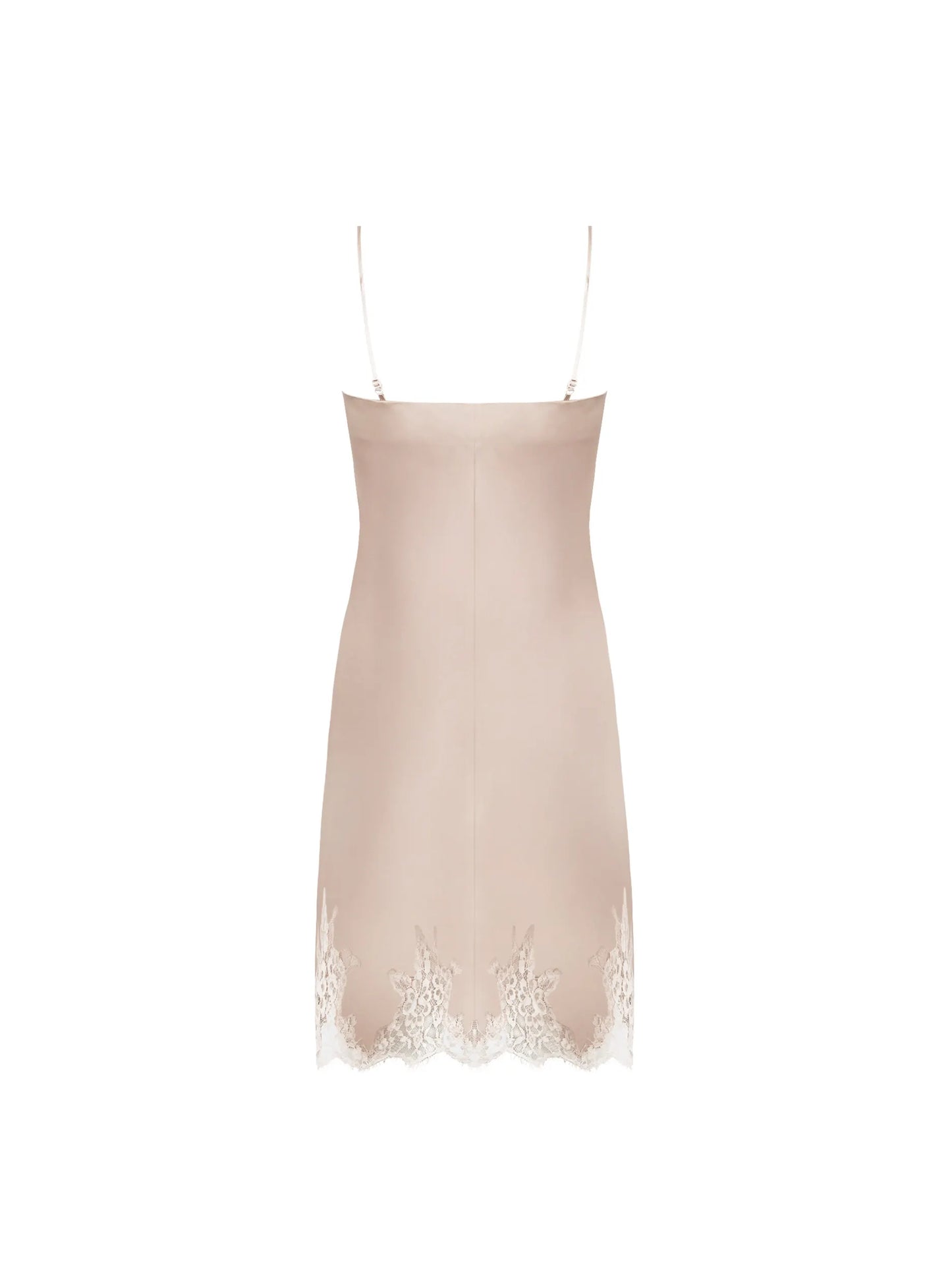 Beige slip dress with lace trim on a white background