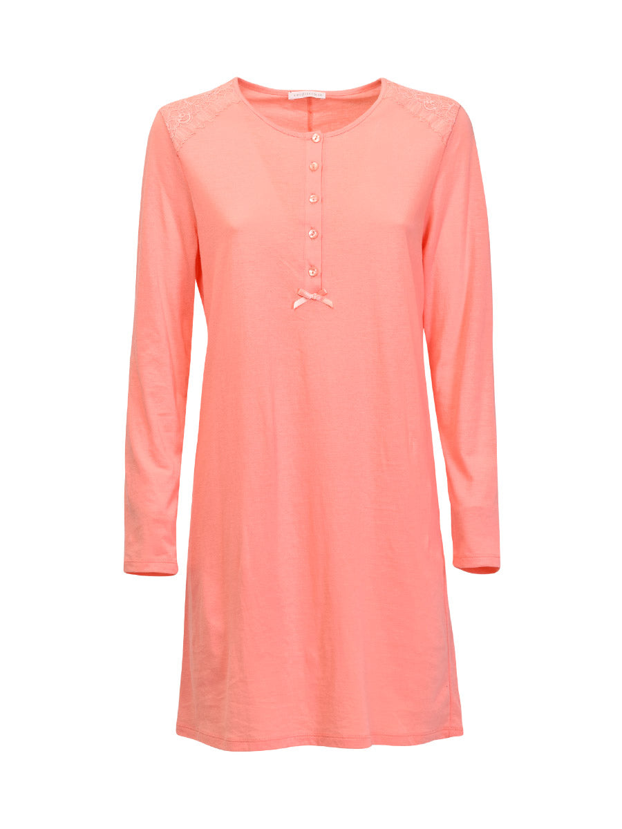 Verdissima's long-sleeved nightgown features a macro-flower motif lace insert for a modern, yet refined design. 